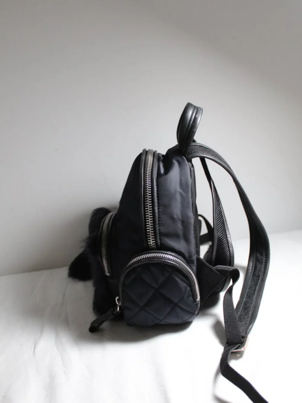 Moncler Nylon Black Backpack Rabbit Fur Trim